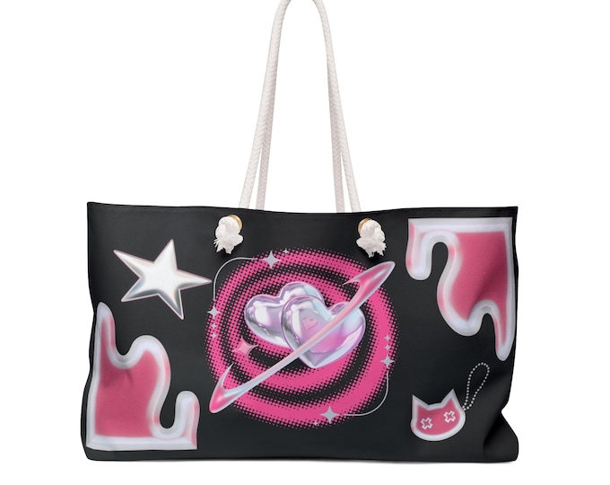 Y2K Pink and Black Cosmic Heart with Stars Weekender Bag | Galaxy Tote