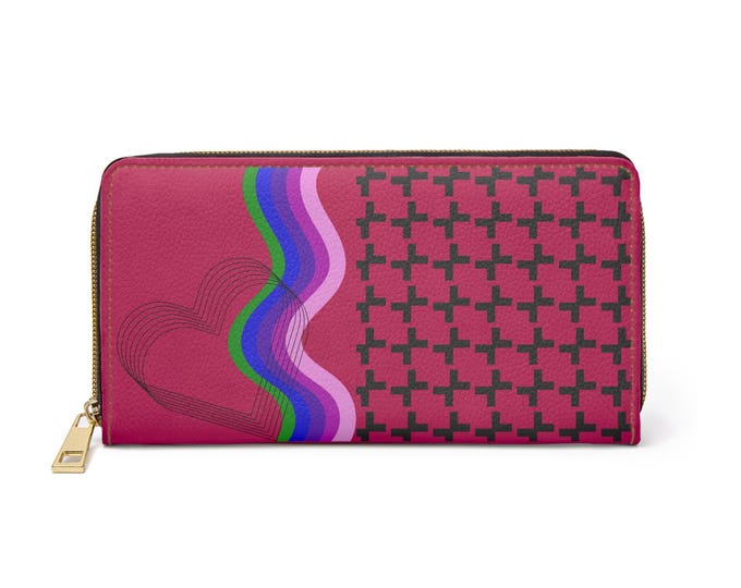 Wavy Rainbow Hearts Fuchsia  Zipper Wallet | Cross Pattern Wallet