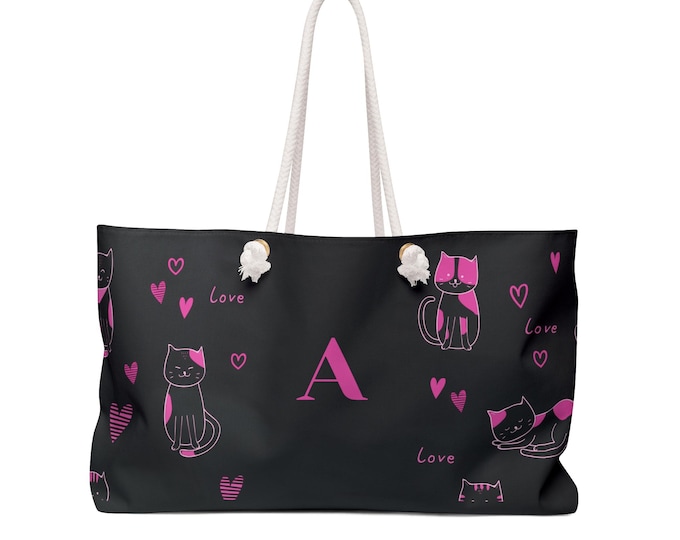 Pink Love Cats Black Tote, Personalized Bag, Women's Purse, Initial A, Weekender Bag