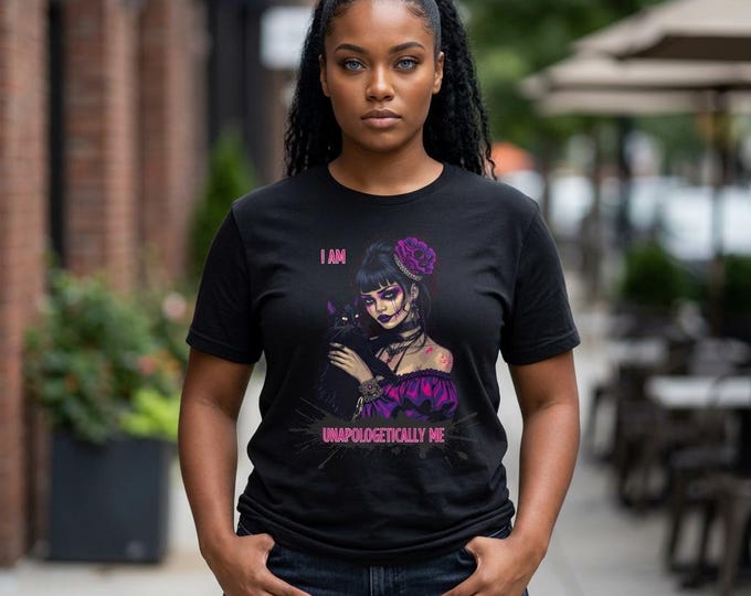 I am Unapologetically Me Goth Girl with Black Cat T-Shirt | Dark Portrait, Purple Accents