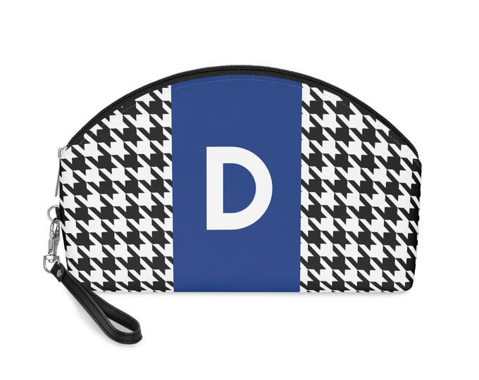 Blue, Black, and White Houndstooth patterned Makeup Bag, Personalized with Initial D, Her Makeup bag, Initialized