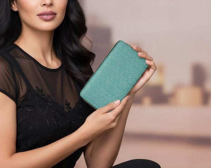 Teal Zipper Wallet | Aqua Japanese Seigaiha Design  SEIGAIHA