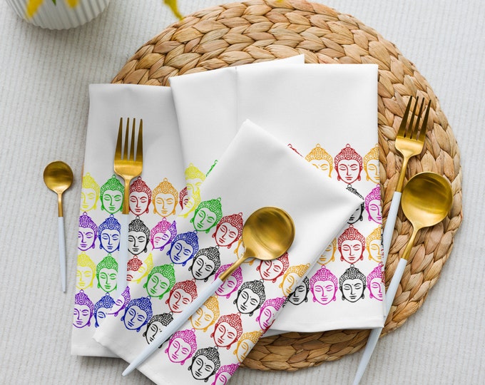 Rainbow Buddha, White, Dinner Napkin set, Lunch Napkin set, Breakfast Napkin set, Cloth napkin set, Gift for her, Kitchen Accessory