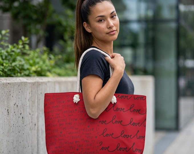 Handwritten 'Love' Script Weekender Bag | Tomato Red Black Script Pattern