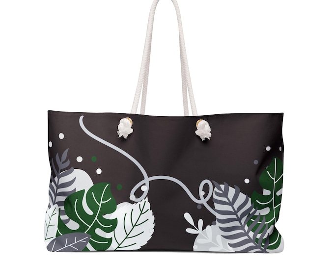 Tropical Leaves Weekender Bag | Black and Green Monstera Palm Print Tote
