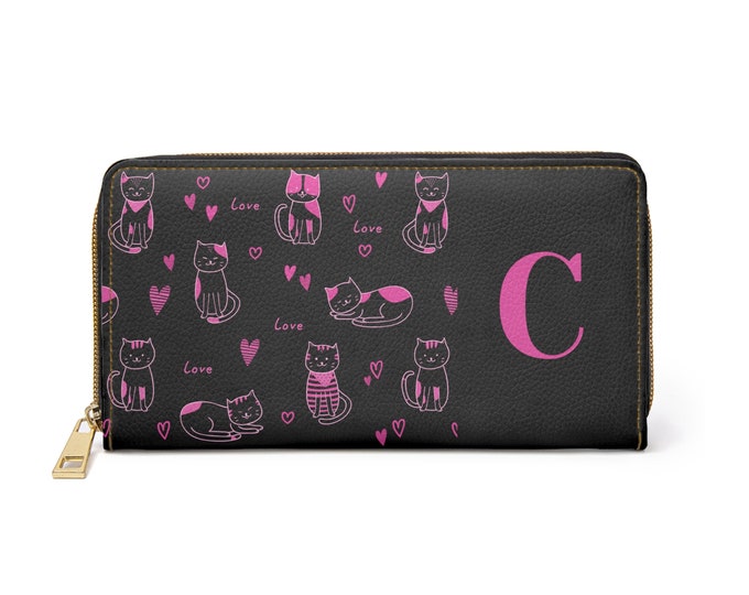 Pink Love Cats Black Zippered Wallet – Personalized with Initial C | Cruelty-Free Faux Leather | Gift for Her | Cute Cat Wallet for Women