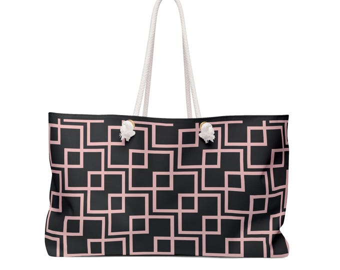 Pink Geometric Weekender Bag | Black & Pink Pattern Tote Bag