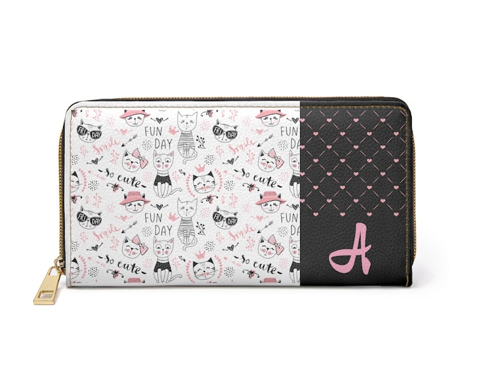 Cute Cats, Pink, Black and White Wallet, Personalized with Initial, with Zipper