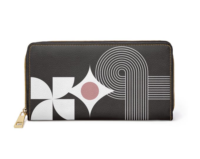 Geometric Retro Shapes Zipper Wallet | Black Modern Abstract Pattern