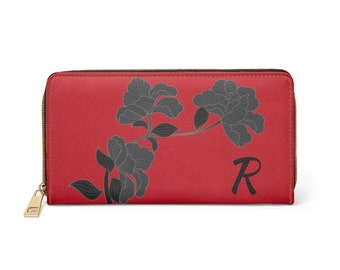 Red Floral Wallet | Personalized Initial "R", Faux Leather Zipper Purse