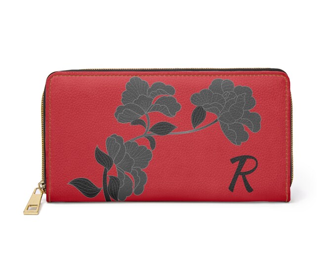 Red & Black Floral Wallet for Women | Personalized Zippered Wallet with Initial R | Faux Leather Gift for Her | Elegant Monogram Purse