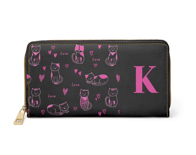 Pink Love Cats Black Zippered Wallet – Personalized with Initial K | Cruelty-Free Faux Leather | Gift for Her | Cute Cat Wallet for Women