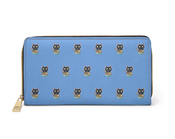 Blue Cat Pattern Zipper Wallet | Repeating Cat Face Print