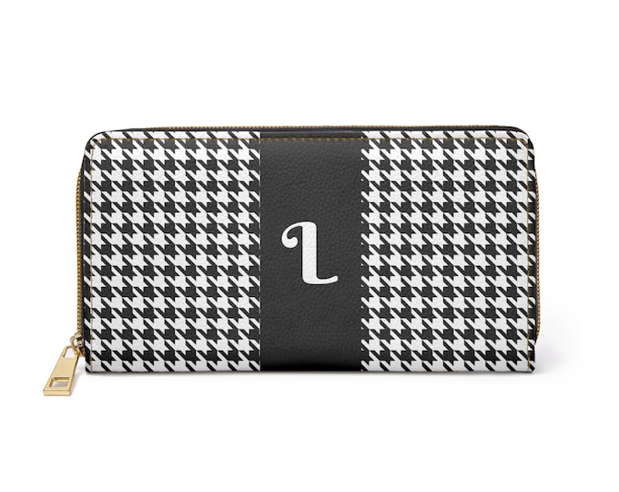 Houndstooth Black and White with White Initial L, Womens Zippered Wallet, Personalized Wallet, Womens Wallet