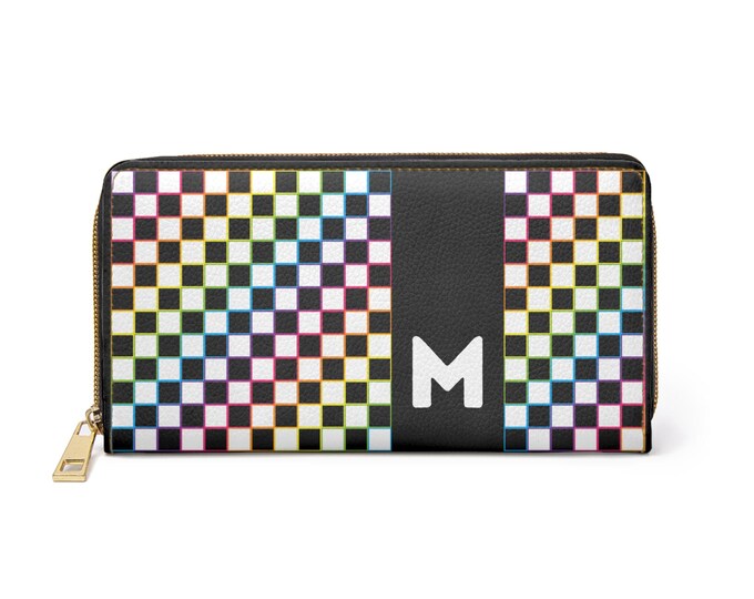 Pastel Checkered Pattern Zipper Wallet | Monogram M Accent