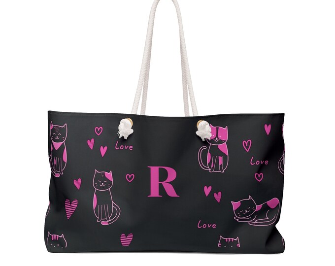 Pink Love Cats Black Tote, Personalized Bag, Women's Purse, Initial R, Weekender Bag