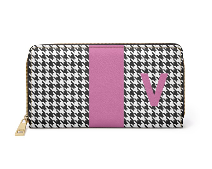 Houndstooth Black and White with Pink V Initialized Detail Womens Zippered Wallet, Personalized Wallet, Initialized, Womens Wallet