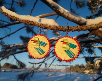 Hummingbird Porcupine Quilled  Earrings on Braintan Buckskin