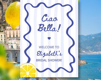 Italian Summer Bridal Shower Welcome Sign, Editable Italian Summer Welcome Sign, Blue Citrus Mediterranean Welcome Sign Template