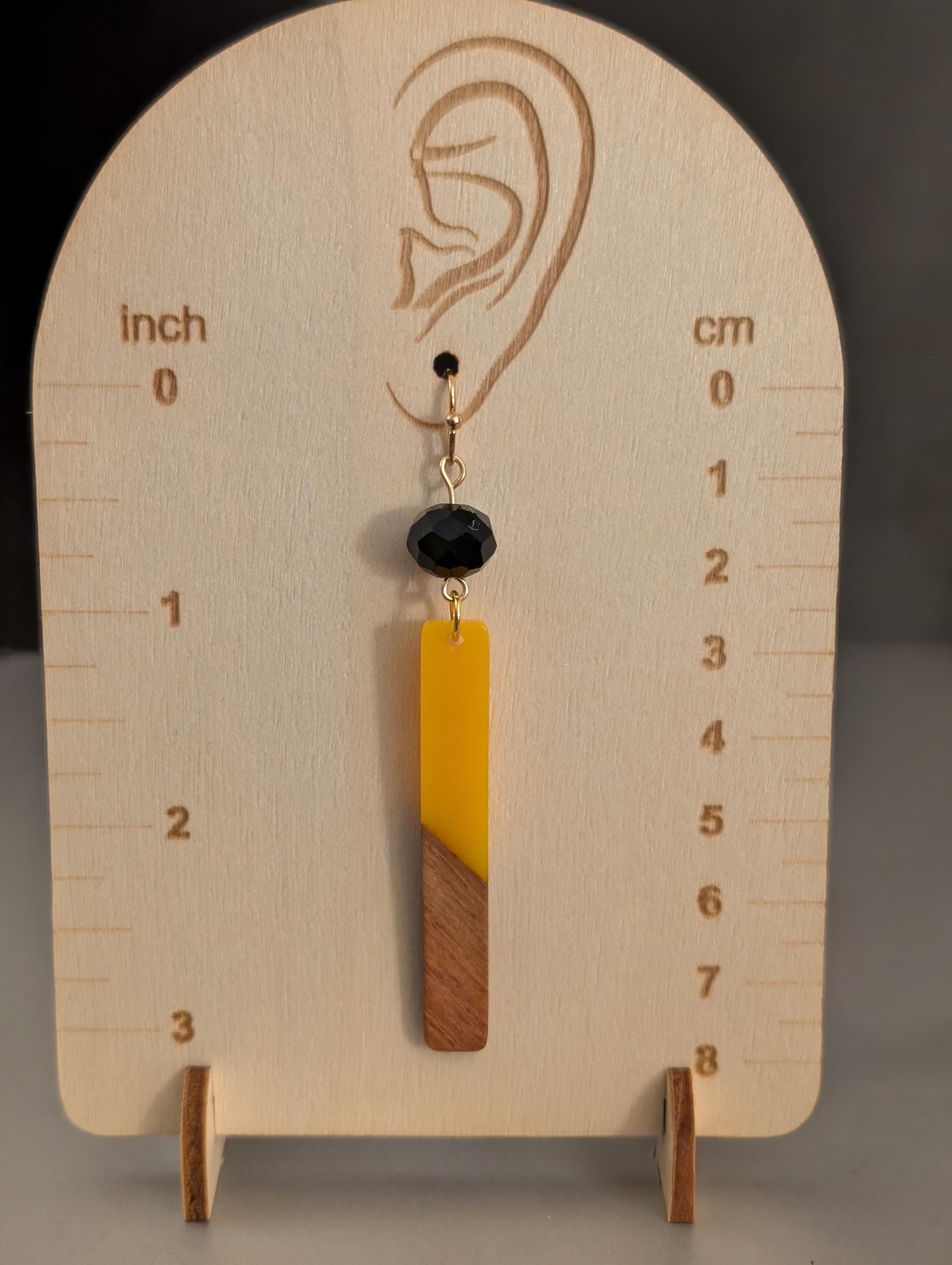 Yellow Resin Wood Bar Earrings: Handmade Boho Dangle Jewelry - Thumbnail 2