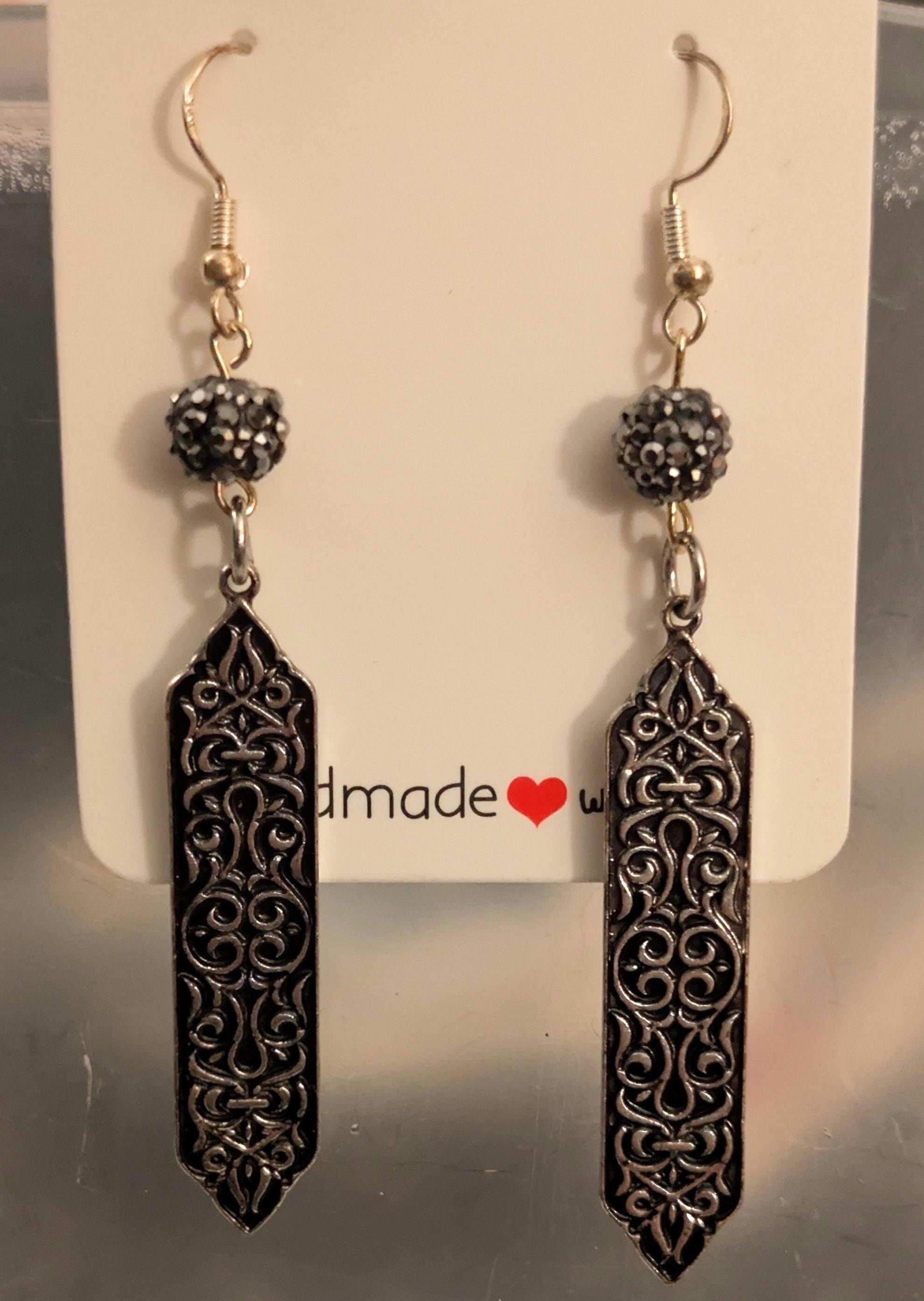 Gothic Scroll Dangle Earrings: Black Sparkle Bead, Medieval Jewelry