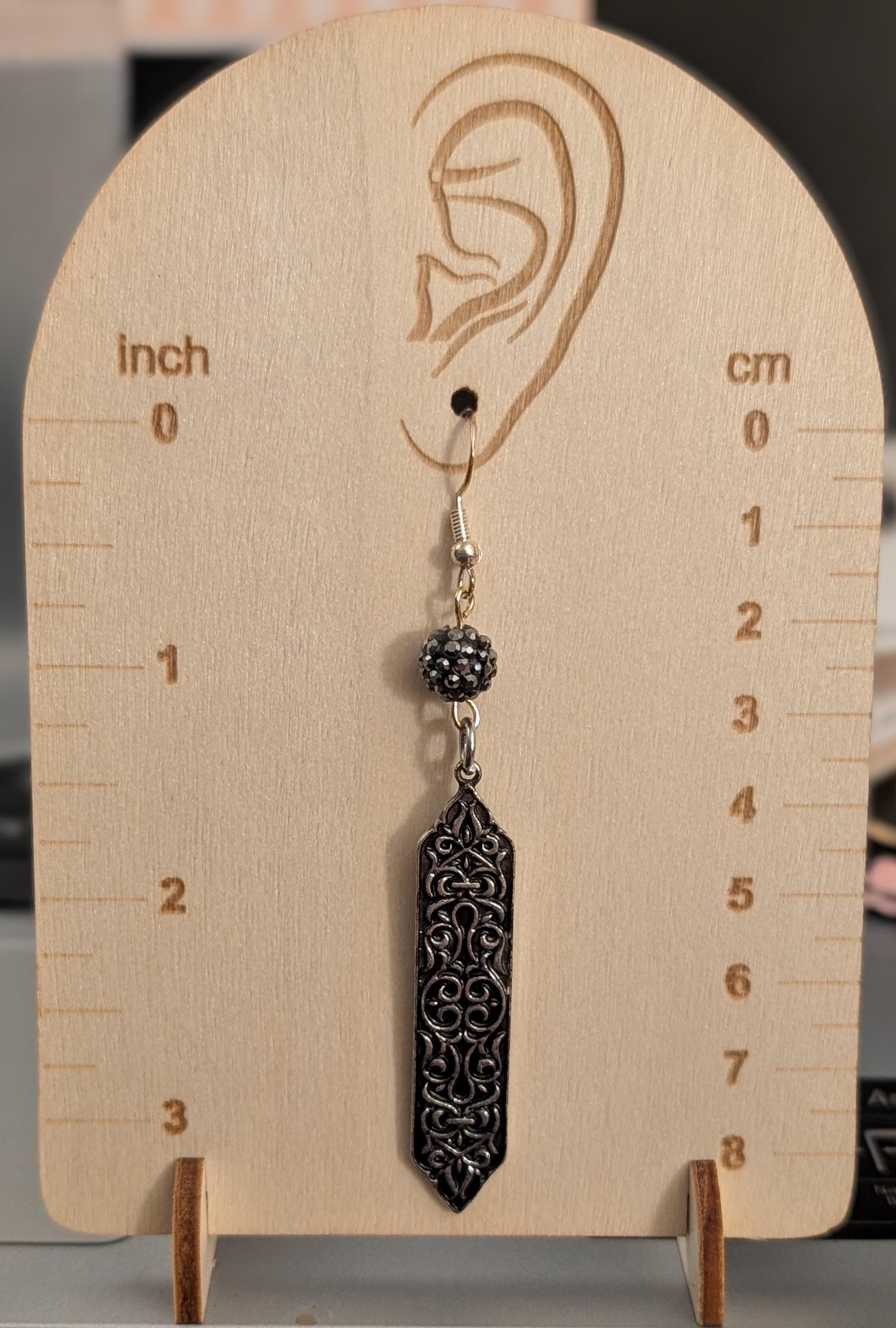 Gothic Scroll Dangle Earrings: Black Sparkle Bead, Medieval Jewelry - Thumbnail 2