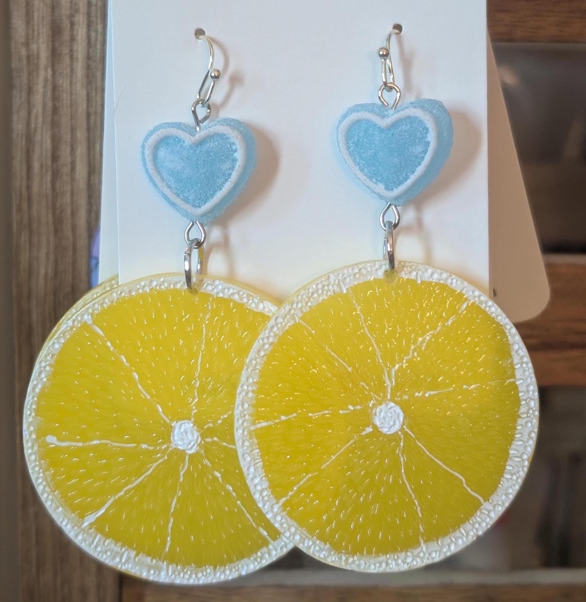 Lemon Slice Dangle Earrings: Kawaii Candy Heart, Handmade Fruit Jewelry - Thumbnail 3