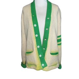 Vintage 1950s Harold Wolff Wool School Cardigan Cream Green Striped Sleeve Camden NJ Name Patch Distressed Knit Sweater