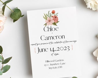 Pink Floral Wedding Invitation + Envelopes