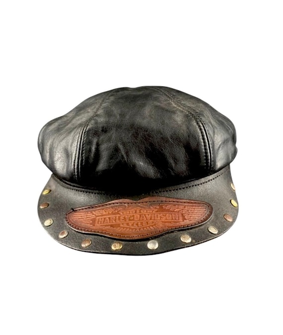Vintage Leather Hat Harley Davidson 1980s 1990s Black Moto