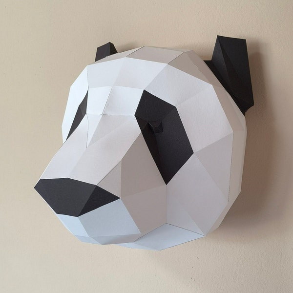 DIY Papierskulptur Pandabär, 3D Papiermodell Pandabär, DIY Wandtrophäe, Origami Pandakopf, Papierbastelset Pandabär