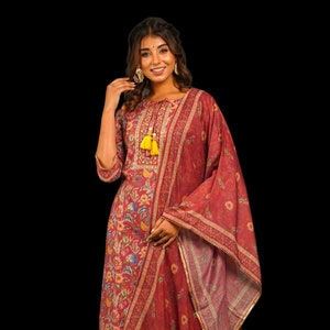 Modale Silk Digital Printed Kurti, Pant and Dupatta with Neck Handwork and Tussels