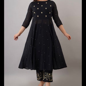 Stunning Black Color Anarkali Kurti Set with Pants and Yolk work and Orenza Zari Checks with Dupatta