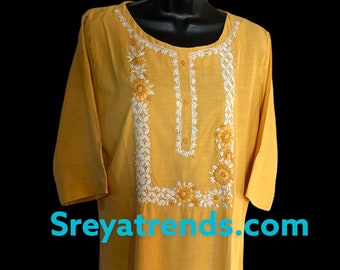 Pure Khadi Soft Cotton Thread Work Kurti(Color: Melon Yellow)