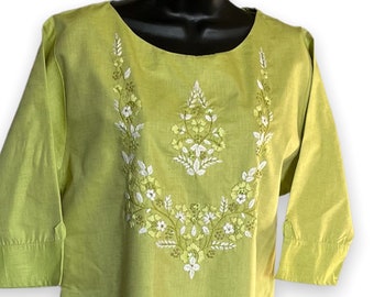 Pure Khadi Soft Cotton Thread Work Kurti(Color: Melon Green)