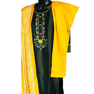 Pure Dola Silk HandWork Neckline Kurti with Silk Embroidered digital Printed Dupatta and Lycra Cotton Designer Pants