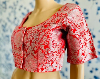 Womens & Girls Designer Readymade Pure Banarasi Blouse with Silver Brocade design(Color: Red)