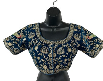 Womens & Girls Readymade Pure Designer Heavy Thread Work Velvet Blouse (Color: Peacock blue)
