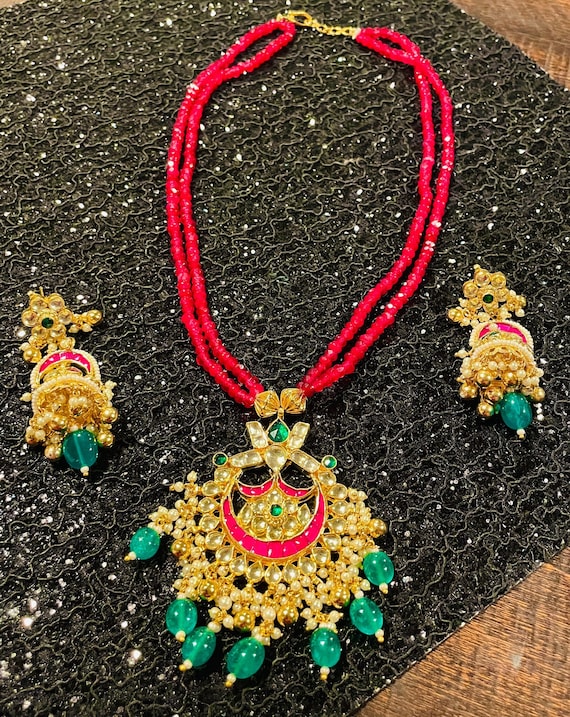 Pure Ruby Beads With Pachi Kundan Necklace Earrings Etsy