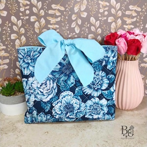 Handmade Bow-Knot Book Sleeve | Blue Floral Padded Book or Bible Cover| Gift for Book Lovers | Bookish Gifts for Readers | Teacher&#39;s Gifts