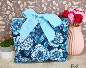 Handmade Bow-Knot Book Sleeve | Blue Floral Padded Book or Bible Cover| Bookish and Teacher's Gifts
