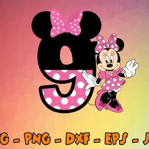 Cumpleaños Minnie Mouse Svg, Cupcake Toppers, Cupcake Pick, 9º cumpleaños, Número nueve Lindo Mouse Diseño Digital Cricut, Svg, Png, Eps, Dxf, Jpg