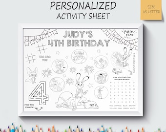 Personalized Zootopia Party Favor, Movie Placemat, Cute Coloring Sheet, Kids Activity, Not Instant Download, Digital File
