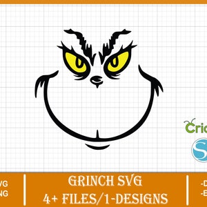 Puede incluir: Silueta en blanco y negro de la cara del Grinch con ojos amarillos. La imagen incluye el texto "Grinch SVG" y "4+ FILES/1 DESIGNS".