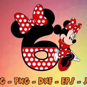 Verjaardag Minnie Mouse Svg, Cupcake Toppers, Cupcake Pick, 6e verjaardag, Nummer Zes Leuke Muis Digital Design Cricut, Svg, Png, Eps, Dxf, Jpg