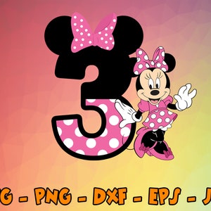 Birthday Minnie Mouse Svg, Cupcake Toppers, Cupcake Pick, 3rd Birthday, Number Three Cute Mouse Digital Design Cricut, Svg, Png, Eps,Dxf,Jpg