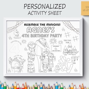 Personalisierte Minion Party gefallen, Film Tischset, niedlichen Malseite, Kinder Aktivität, nicht sofort Download, digitale Datei