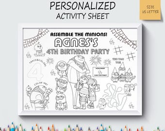 Personalized Minion Party Favor, Movie Placemat, Cute Coloring Sheet, Kids Activity, Not Instant Download, Digital File