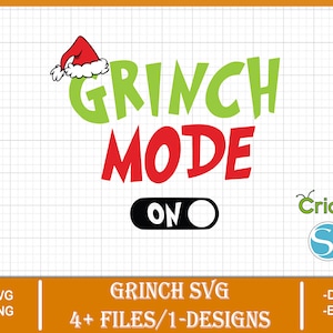 Puede incluir: Diseño gráfico verde y rojo con el texto "Grinch Mode On" y un gorro de Papá Noel rojo. El diseño está sobre un fondo de cuadrícula blanca con el logotipo de Cricut en la esquina inferior derecha.