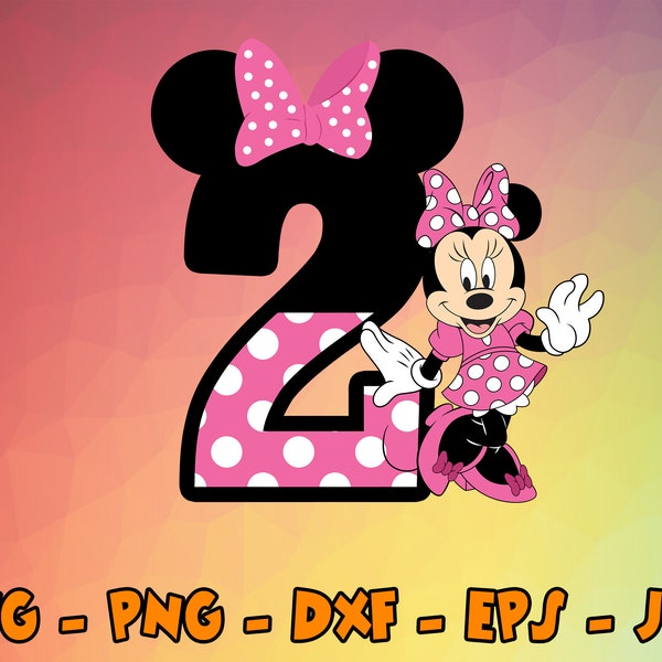 Birthday Minnie Mouse Svg, Cupcake Toppers, Cupcake Pick, 2nd Birthday, Number Two Cute Mouse Digital Design Cricut, Svg, Png, Eps, Dxf, Jpg